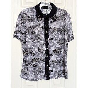 Women's Floral Short-Sleeve Collar Tee/Top w/Rhinestones & Front 1/4 Zipper